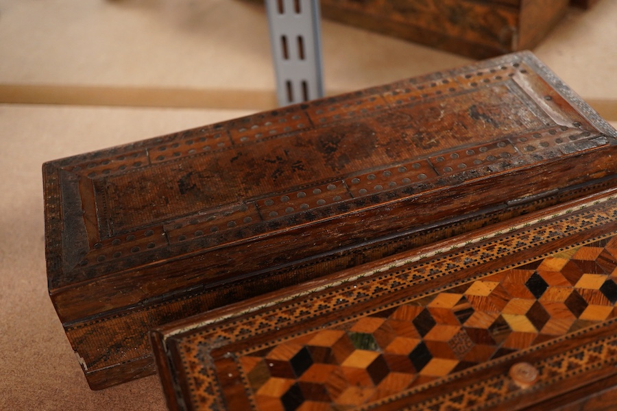 Tunbridge ware - two cribbage board boxes, a sewing box with accessories and another box, largest 26cm wide